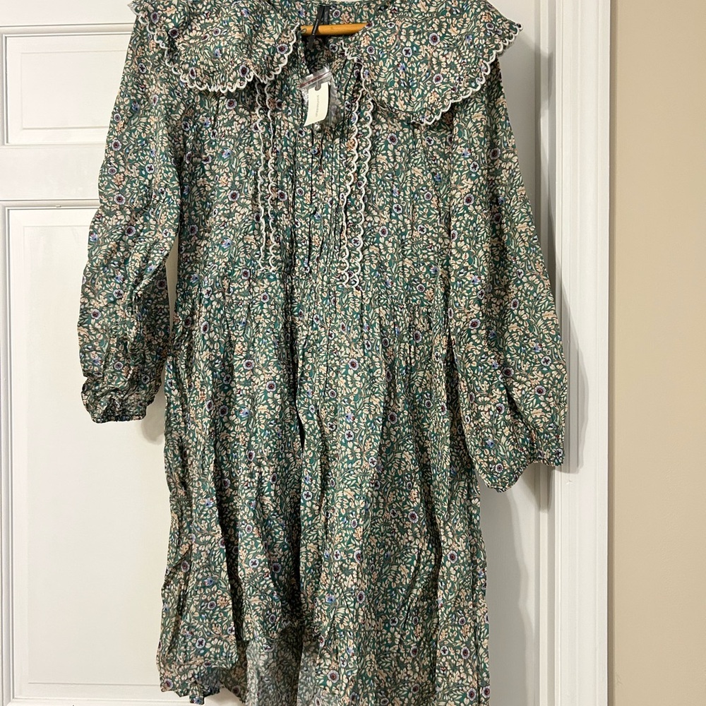 Anthropologie Green Floral High Low Dress Sz L NWT